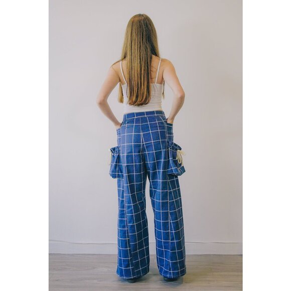 Rework Plaid Pouch Pocket Flared Cargo Pants - Picture 5 of 9